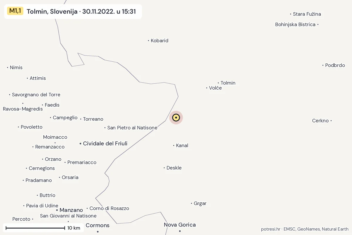 Karta: okolica epicentra, 60 km, potres M1,1, Tolmin, Slovenija, 30.11.2022.