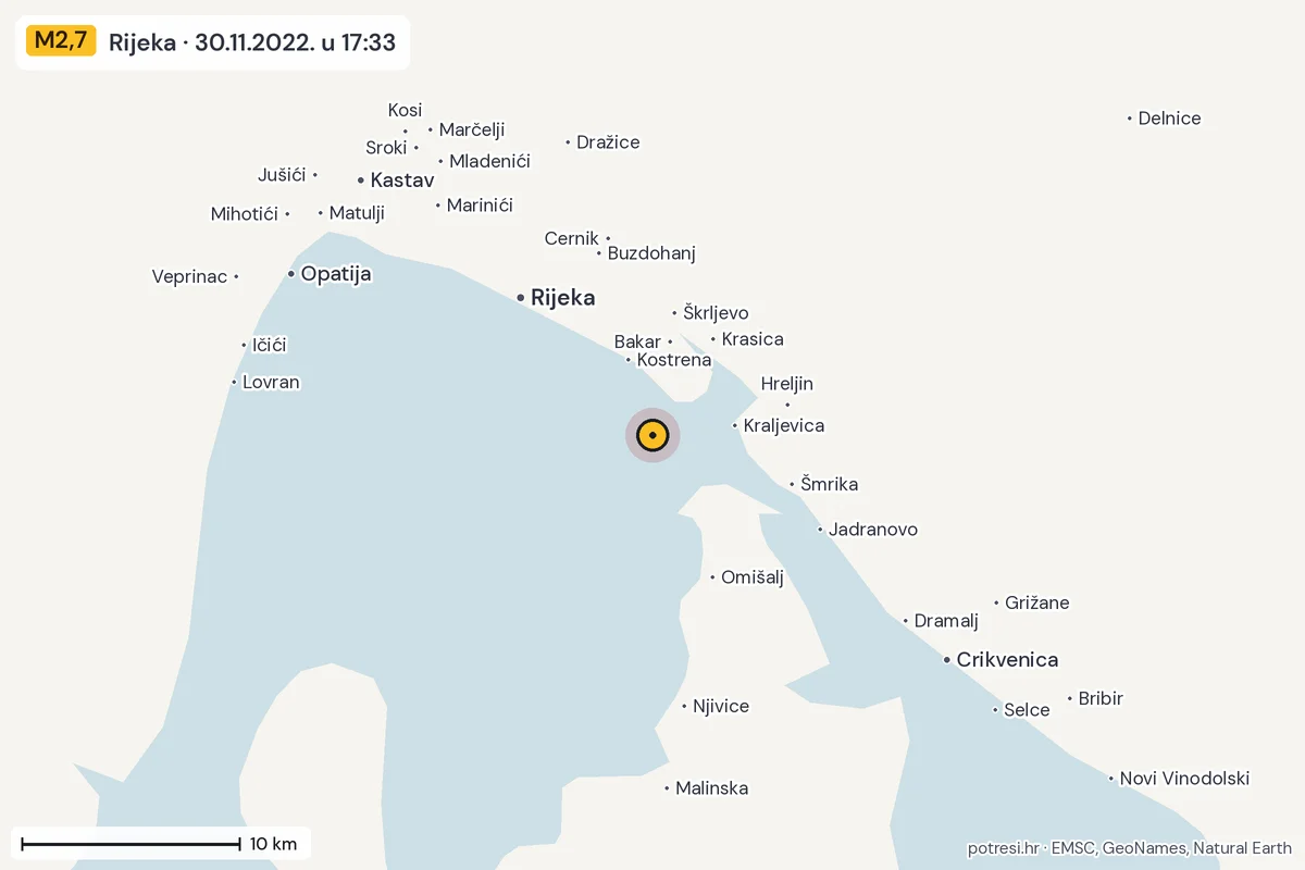 Karta: okolica epicentra, 60 km, potres M2,7, Rijeka, 30.11.2022.