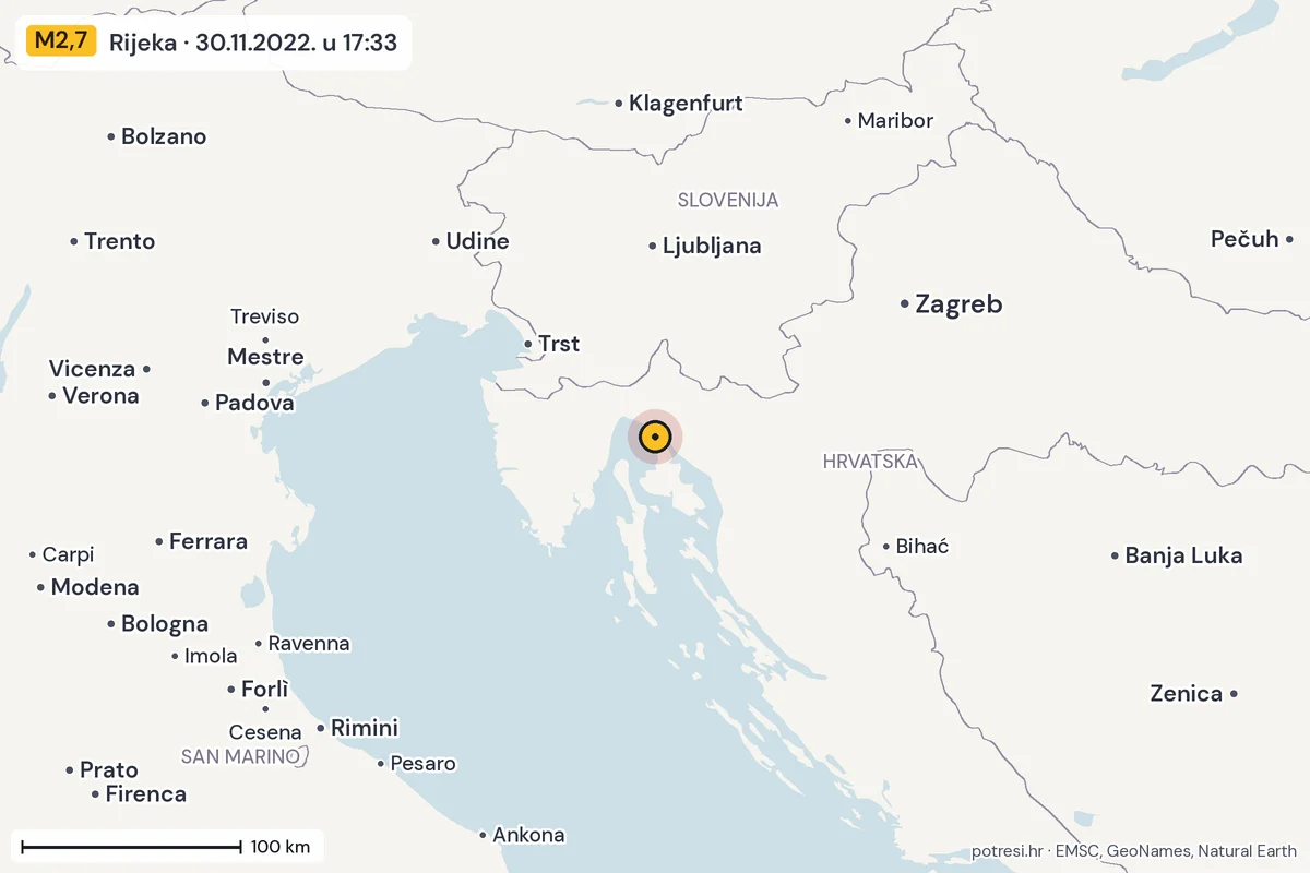 Karta: šire područje, 600 km, potres M2,7, Rijeka, 30.11.2022.