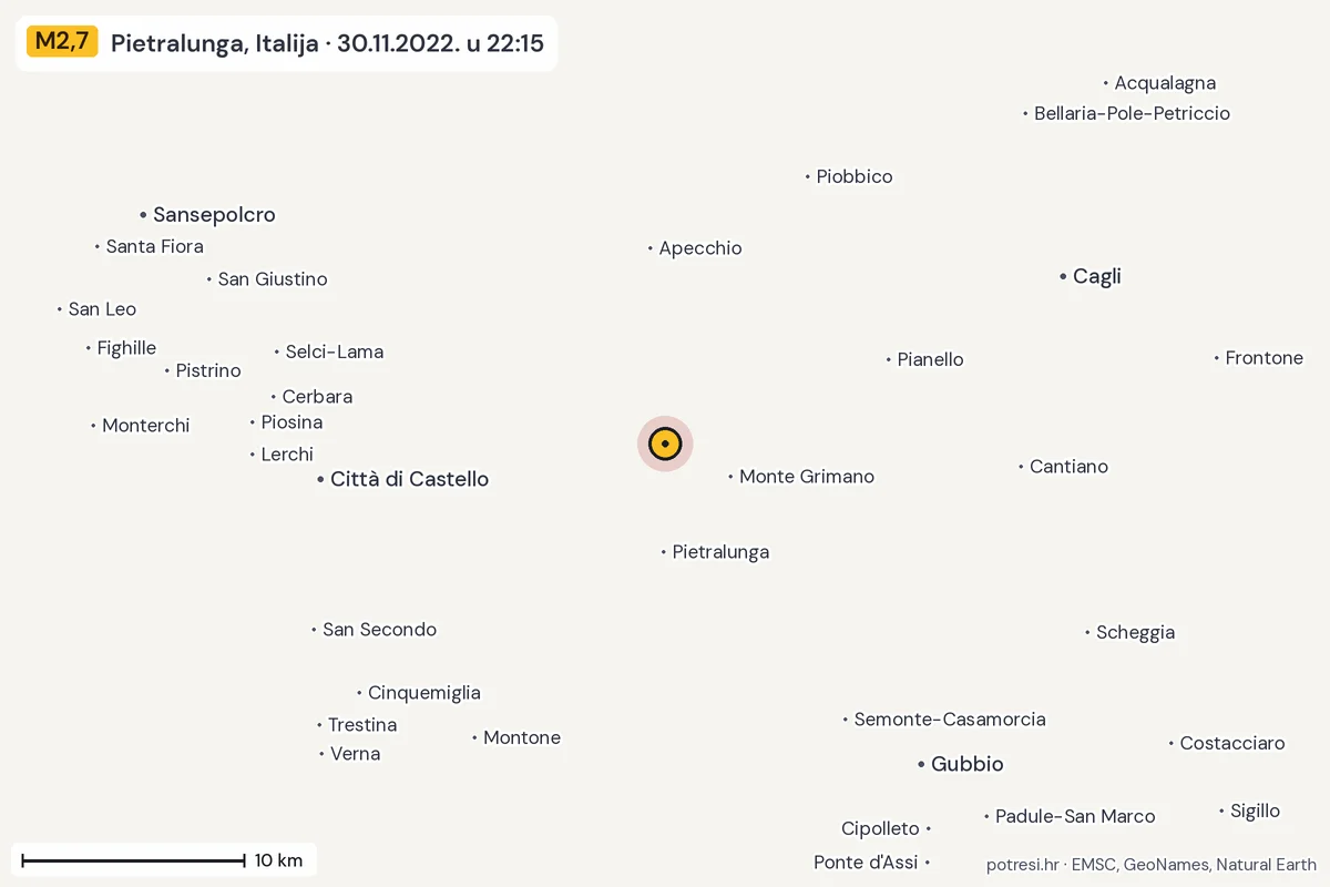 Karta: okolica epicentra, 60 km, potres M2,7, Pietralunga, Italija, 30.11.2022.
