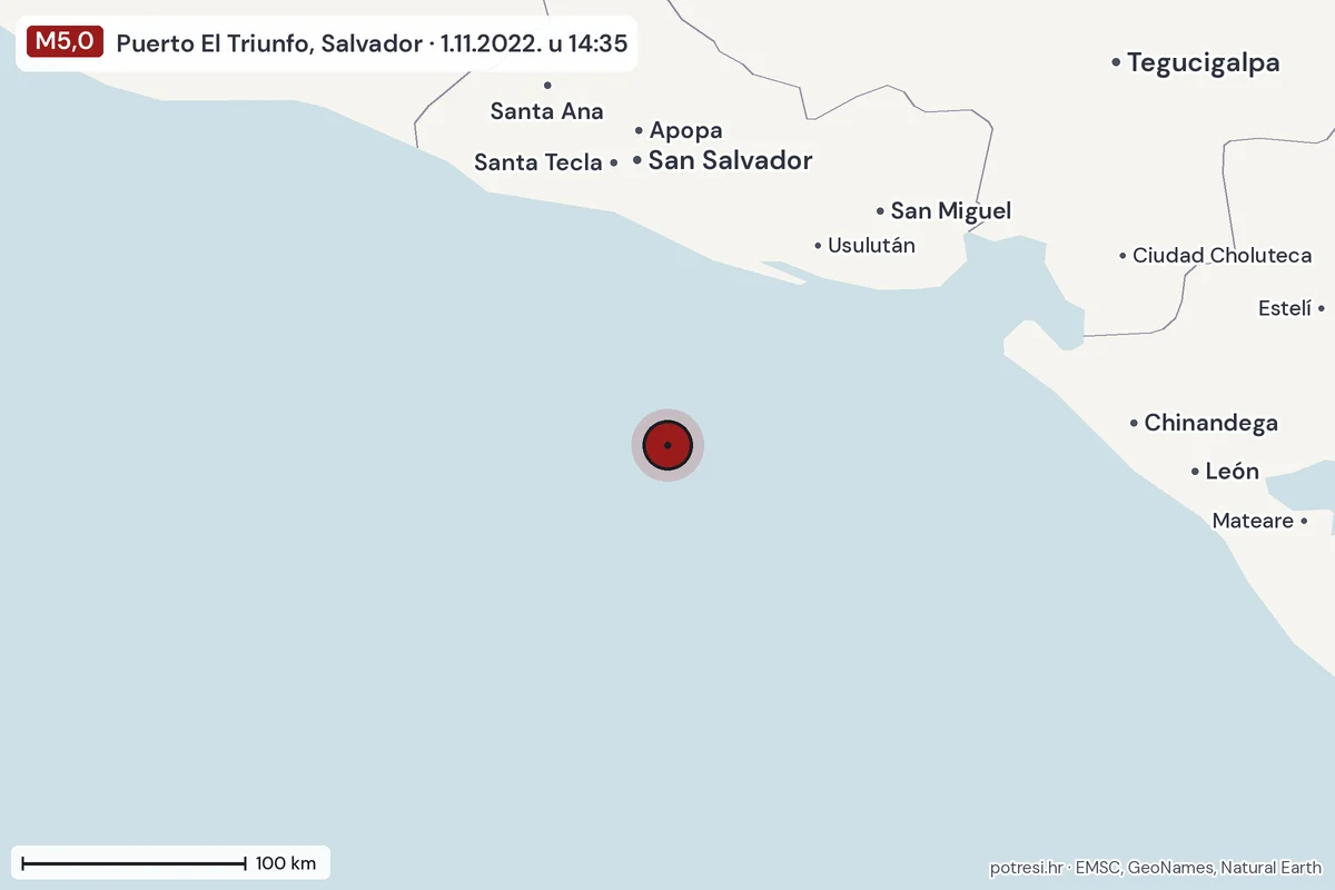Karta: šire područje, 600 km, potres M5,0, Puerto El Triunfo, Salvador, 1.11.2022.