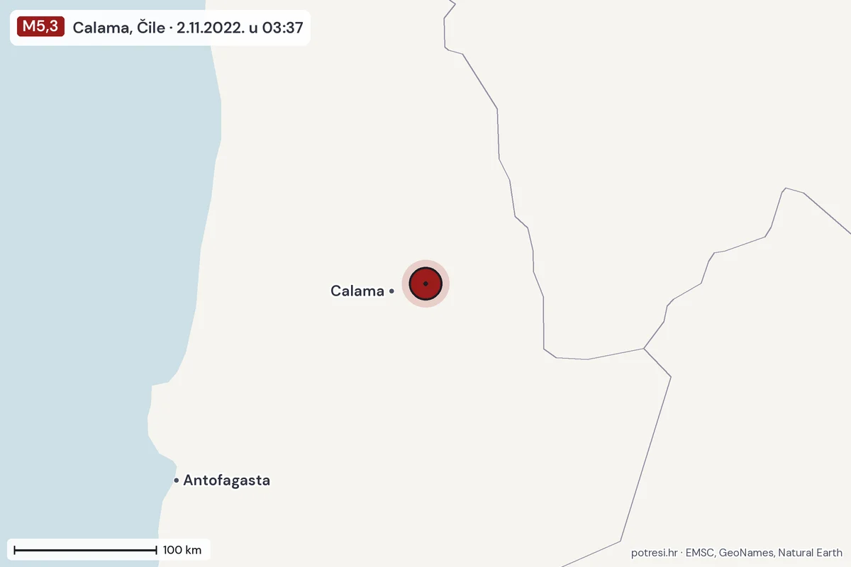 Karta: šire područje, 600 km, potres M5,3, Calama, Čile, 2.11.2022.