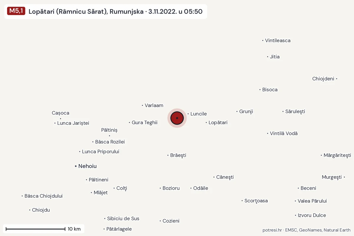 Karta: okolica epicentra, 60 km, potres M5,1, Lopătari (Râmnicu Sărat), Rumunjska, 3.11.2022.