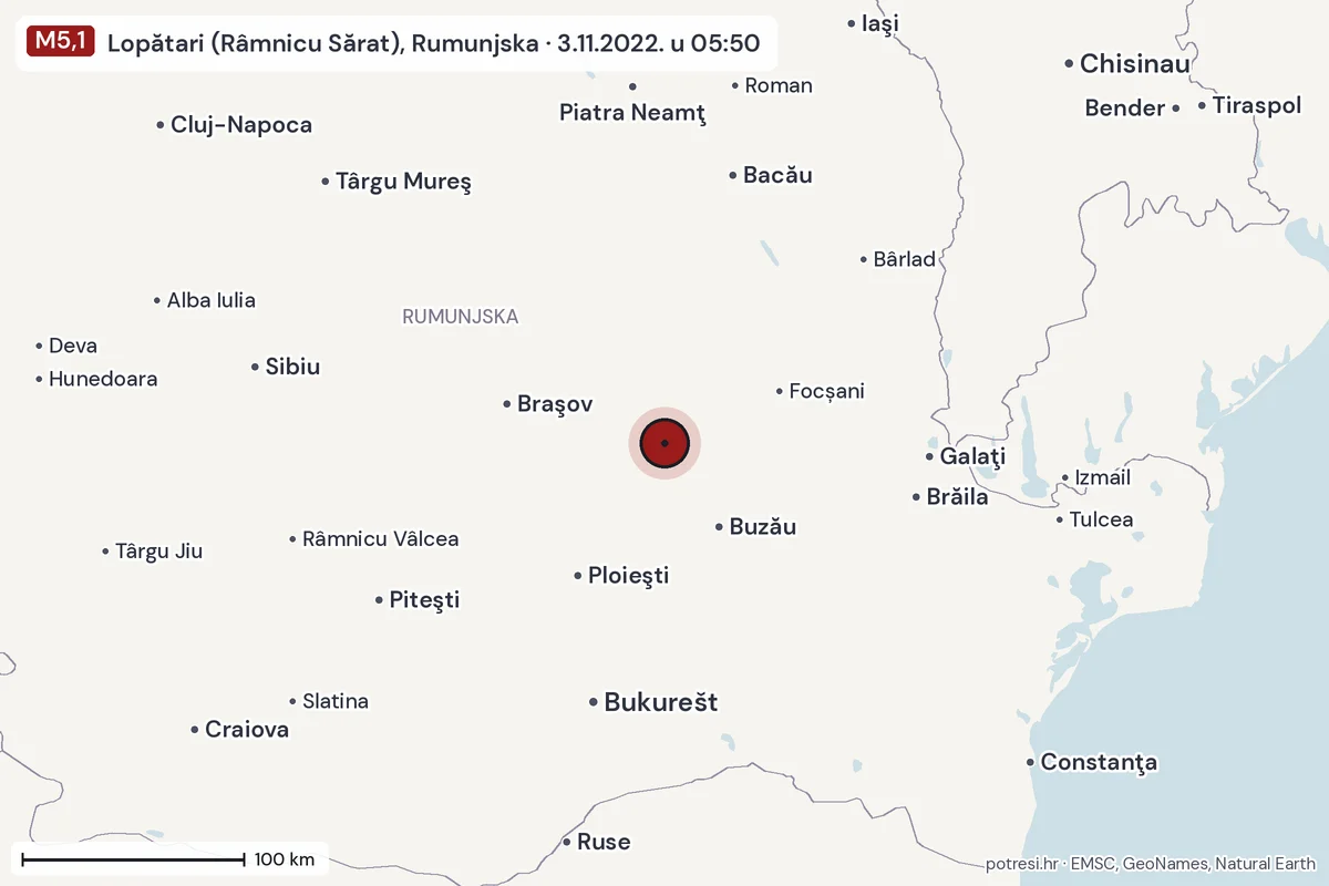 Karta: šire područje, 600 km, potres M5,1, Lopătari (Râmnicu Sărat), Rumunjska, 3.11.2022.