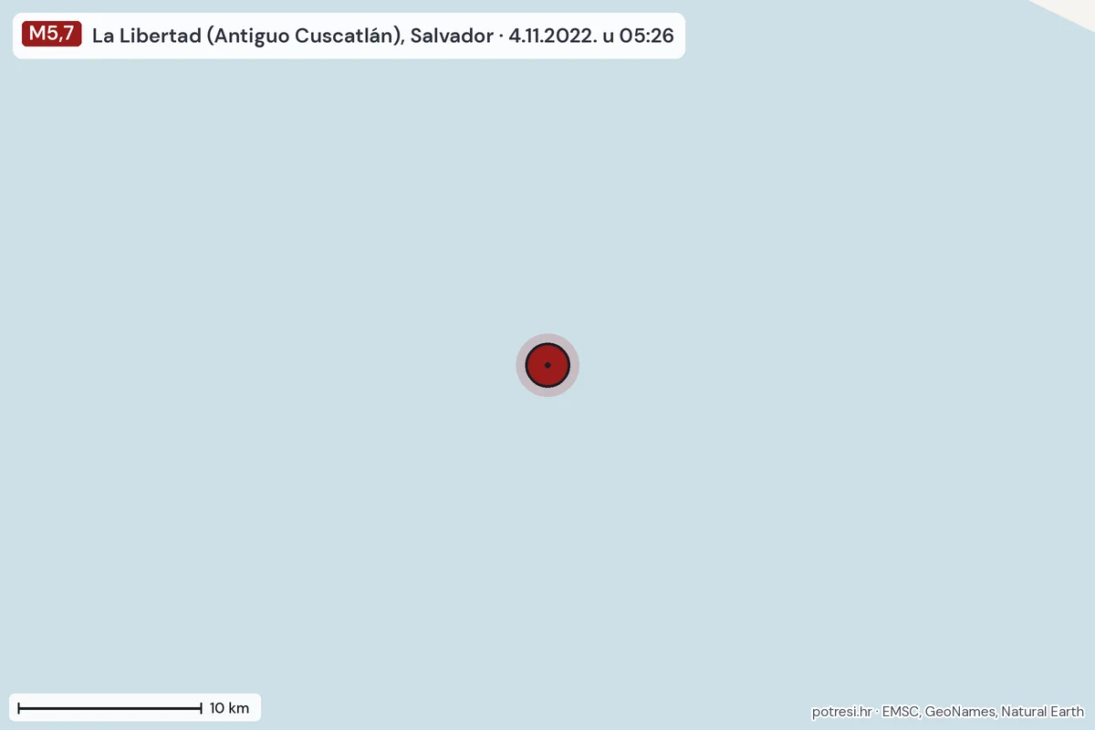 Karta: okolica epicentra, 60 km, potres M5,7, La Libertad (Antiguo Cuscatlán), Salvador, 4.11.2022.