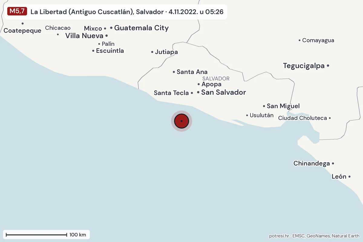 Karta: šire područje, 600 km, potres M5,7, La Libertad (Antiguo Cuscatlán), Salvador, 4.11.2022.