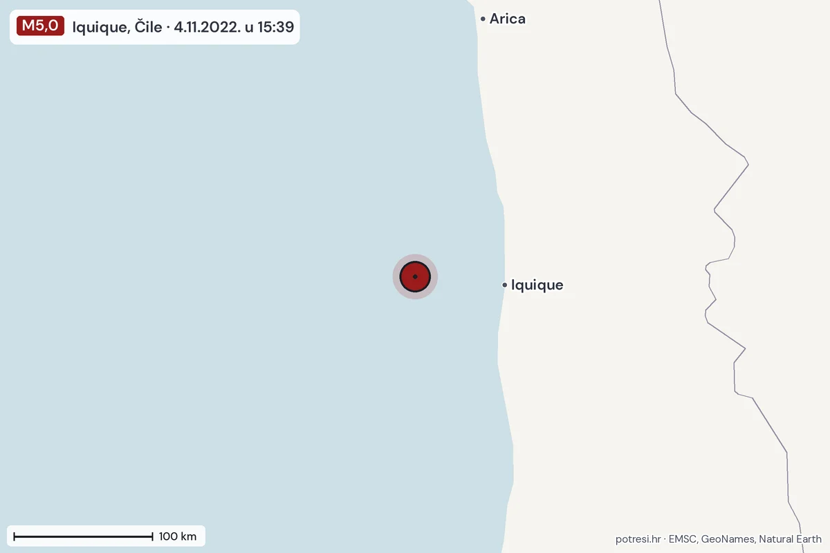 Karta: šire područje, 600 km, potres M5,0, Iquique, Čile, 4.11.2022.