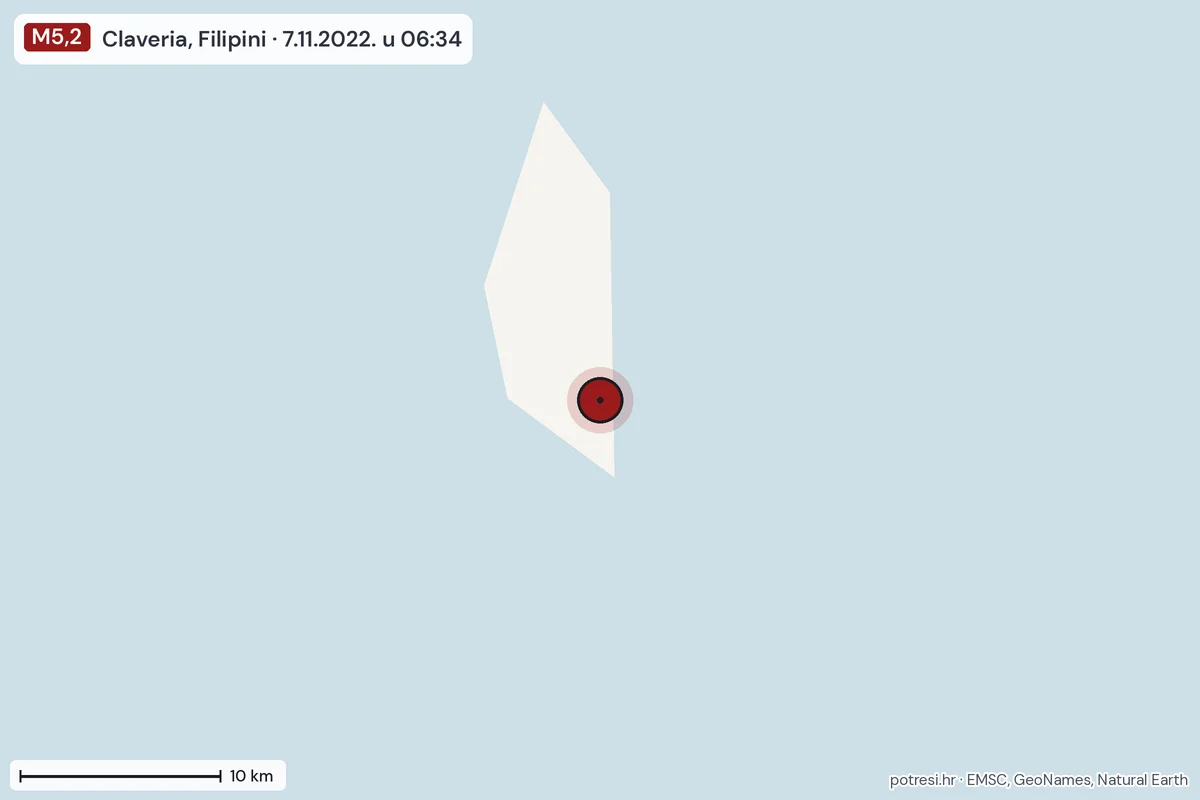 Karta: okolica epicentra, 60 km, potres M5,2, Claveria, Filipini, 7.11.2022.