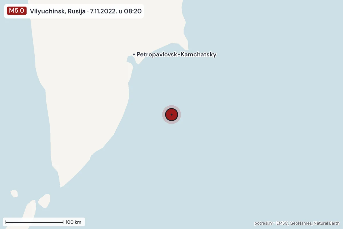 Karta: šire područje, 600 km, potres M5,0, Vilyuchinsk, Rusija, 7.11.2022.