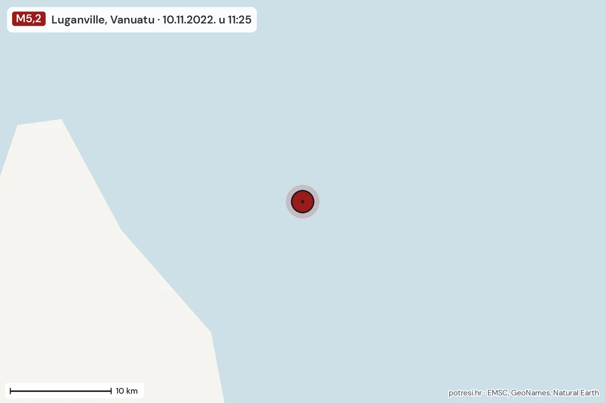 Karta: okolica epicentra, 60 km, potres M5,2, Luganville, Vanuatu, 10.11.2022.