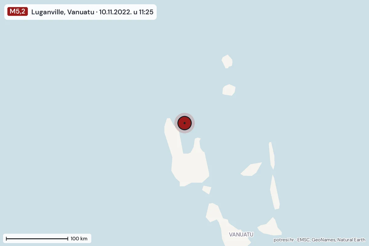 Karta: šire područje, 600 km, potres M5,2, Luganville, Vanuatu, 10.11.2022.