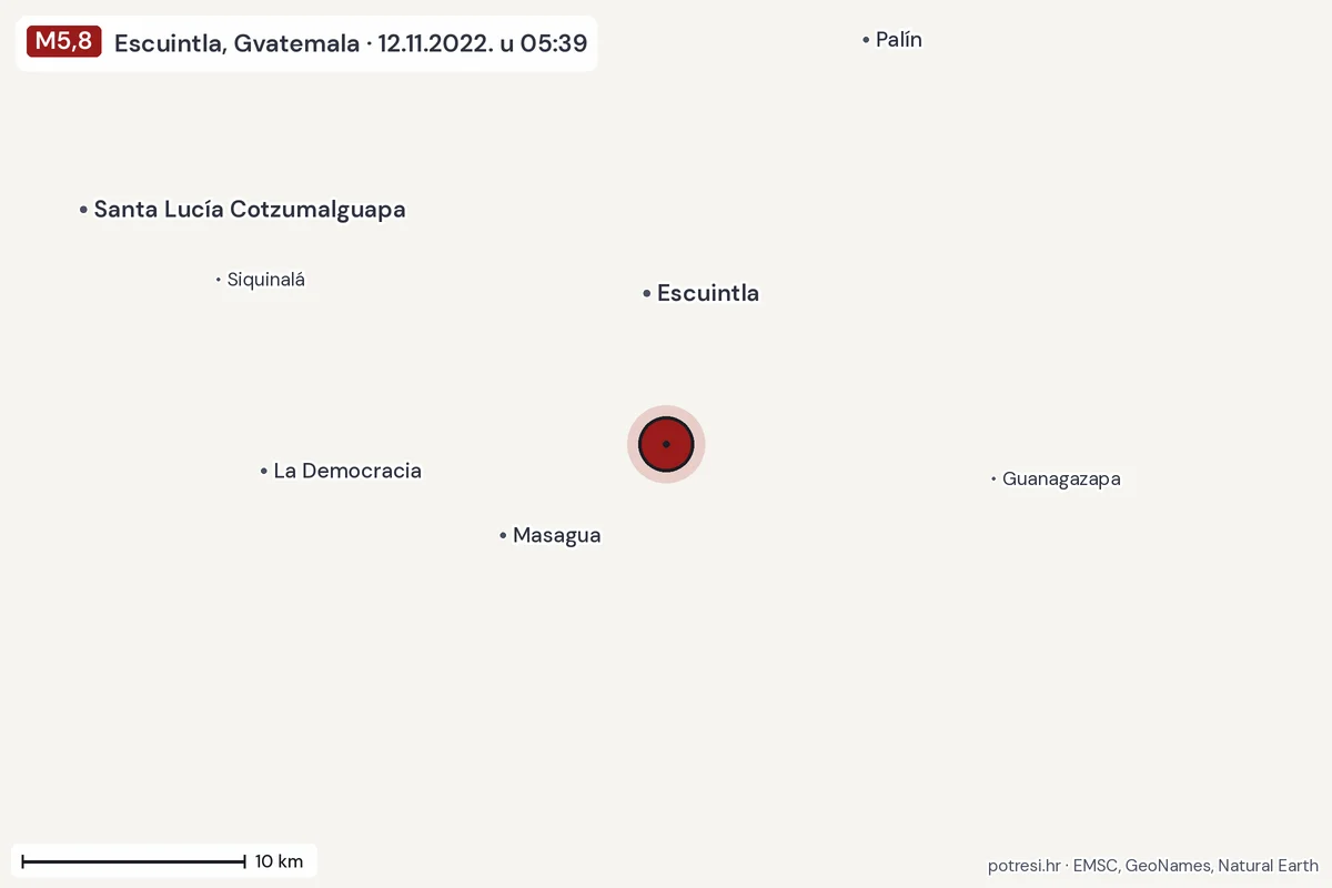 Karta: okolica epicentra, 60 km, potres M5,8, Escuintla, Gvatemala, 12.11.2022.
