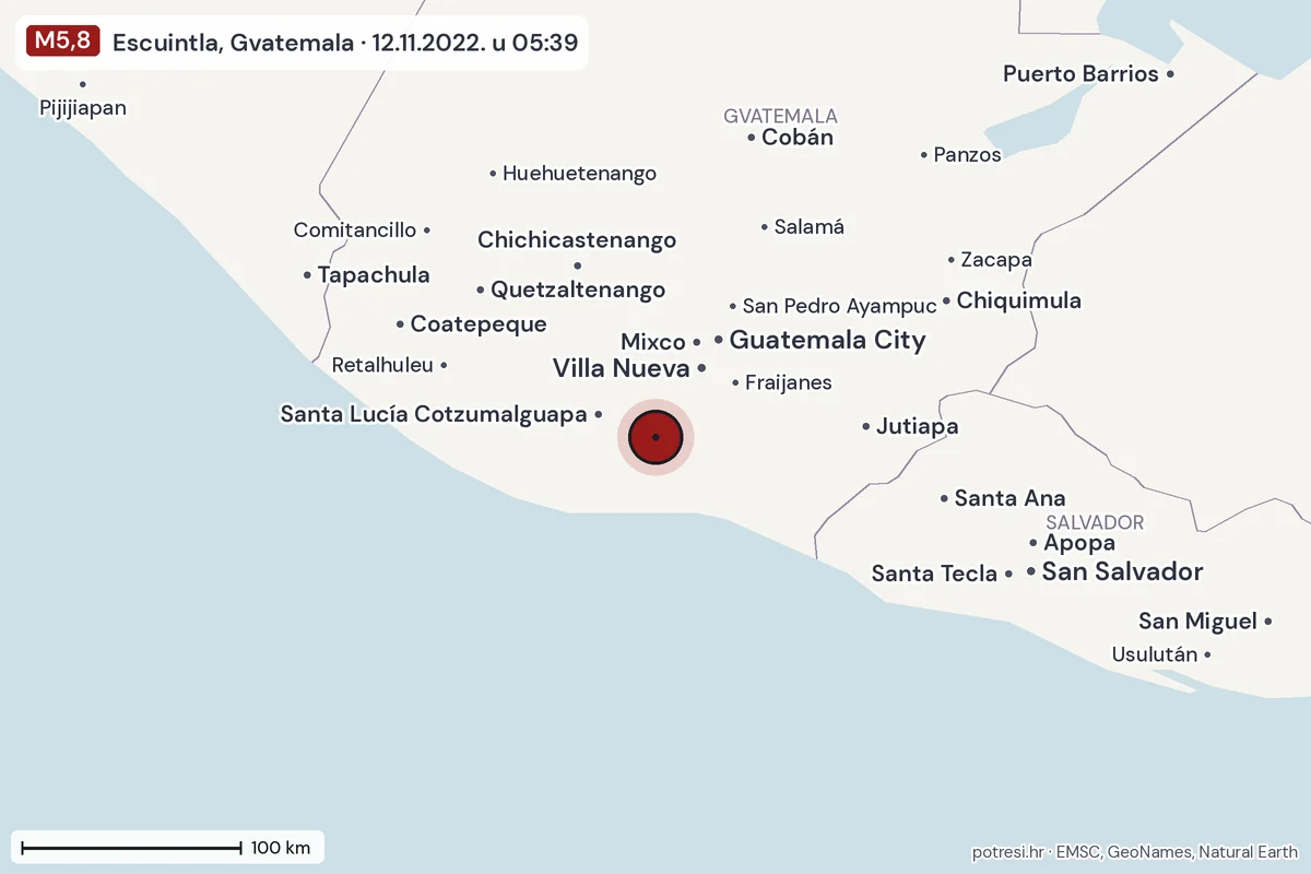 Karta: šire područje, 600 km, potres M5,8, Escuintla, Gvatemala, 12.11.2022.
