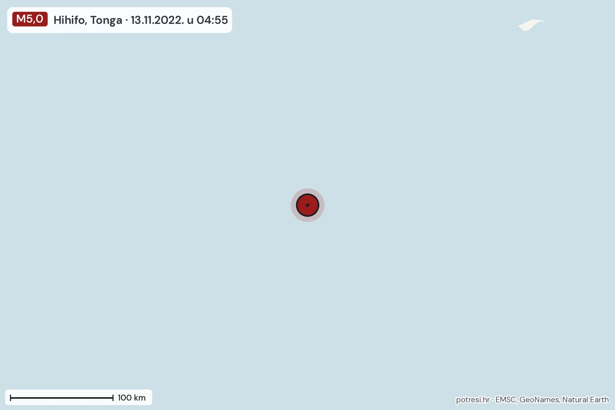 Karta: šire područje, 600 km, potres M5,0, Hihifo, Tonga, 13.11.2022.