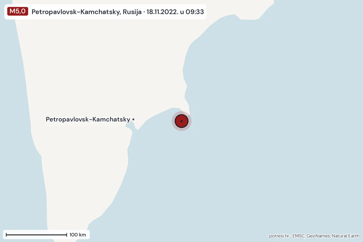 Karta: šire područje, 600 km, potres M5,0, Petropavlovsk-Kamchatsky, Rusija, 18.11.2022.