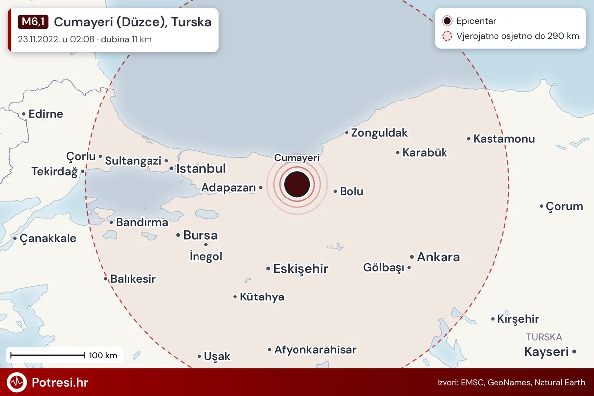 Karta: šire područje i vjerojatni doseg osjeta, potres M6,1, Cumayeri (Düzce), Turska, 23.11.2022.