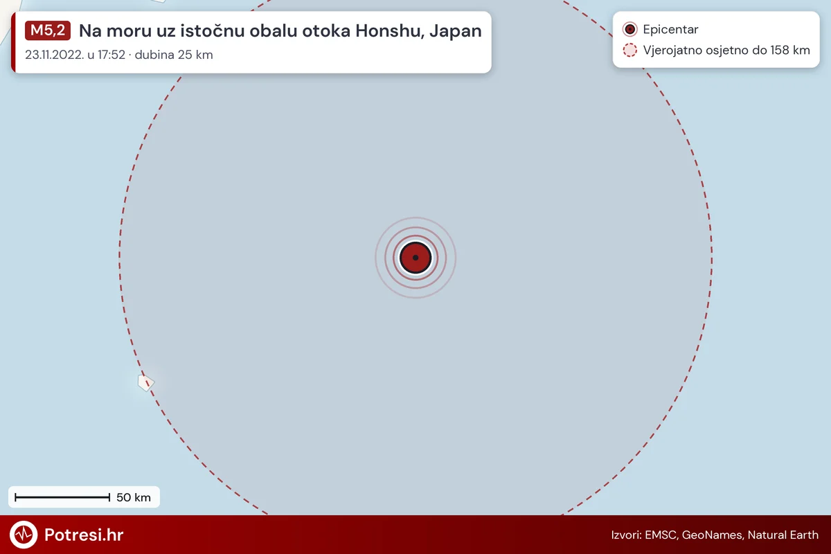 Karta: šire područje i vjerojatni doseg osjeta, potres M5,2, Na moru uz istočnu obalu otoka Honshu, Japan, 23.11.2022.