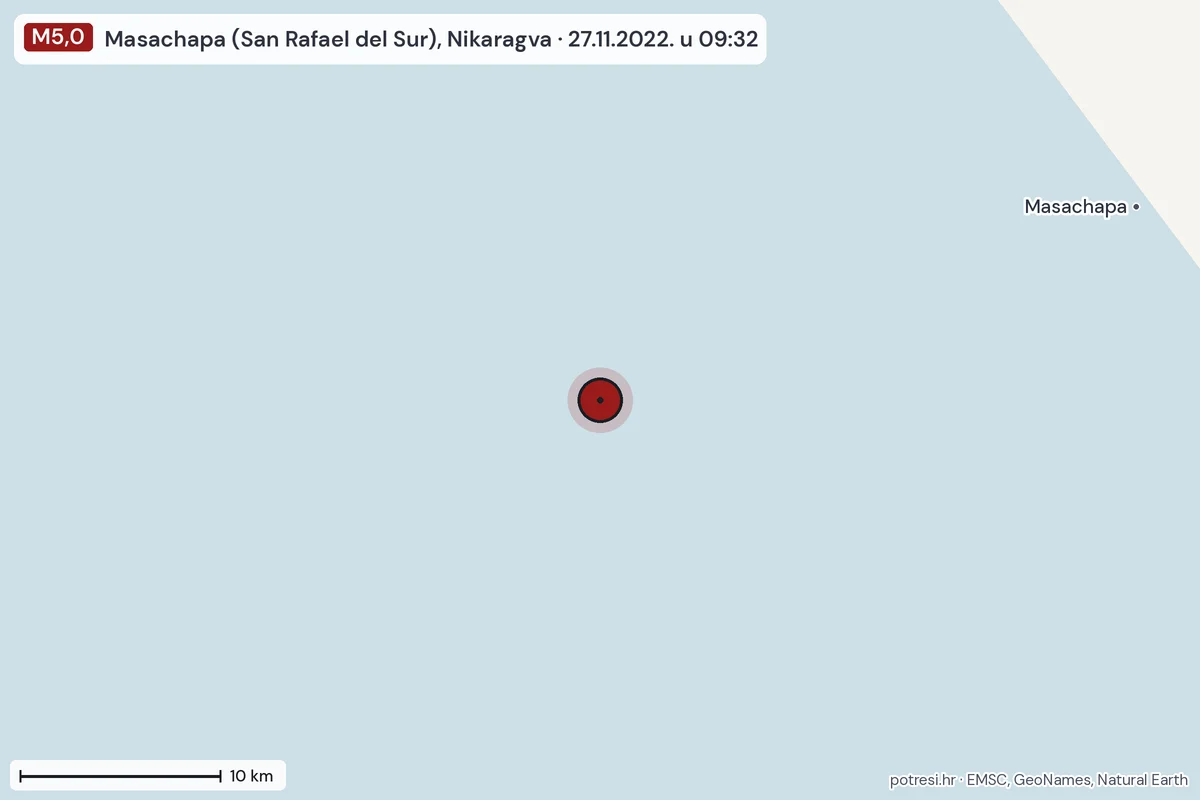 Karta: okolica epicentra, 60 km, potres M5,0, Masachapa (San Rafael del Sur), Nikaragva, 27.11.2022.
