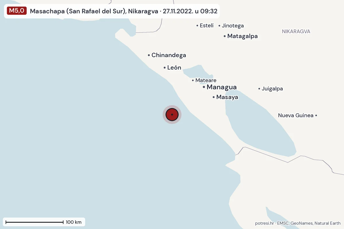 Karta: šire područje, 600 km, potres M5,0, Masachapa (San Rafael del Sur), Nikaragva, 27.11.2022.