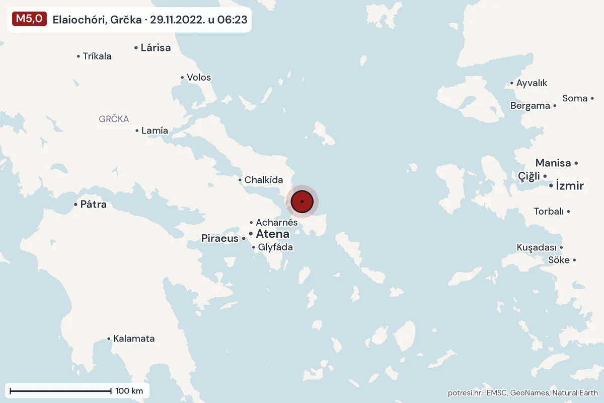 Karta: šire područje, 600 km, potres M5,0, Elaiochóri, Grčka, 29.11.2022.