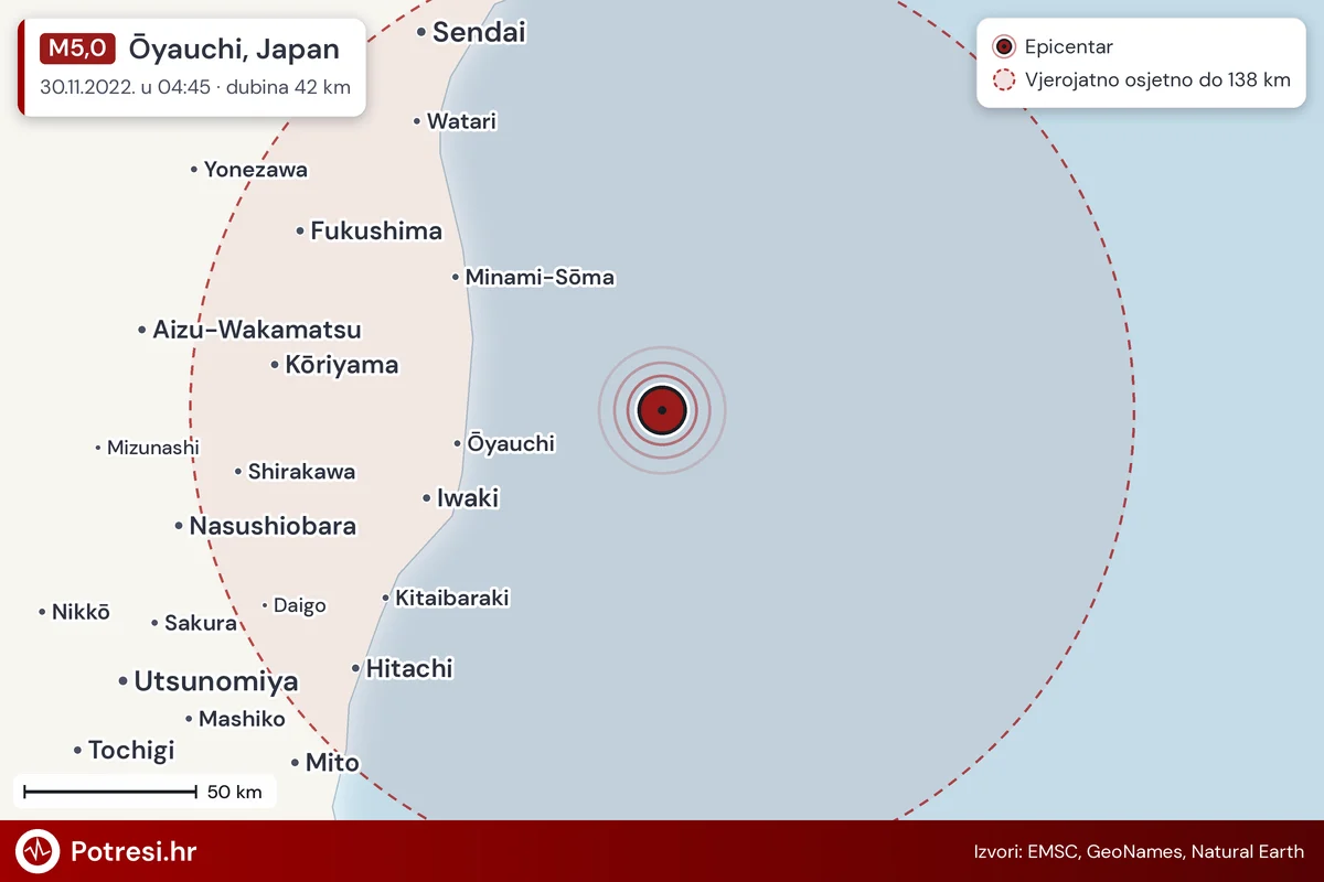 Karta: šire područje i vjerojatni doseg osjeta, potres M5,0, Ōyauchi, Japan, 30.11.2022.