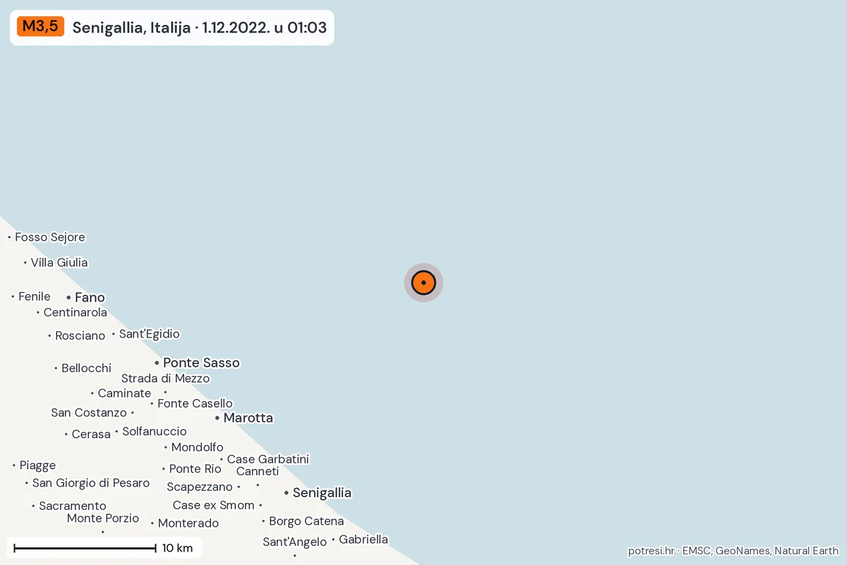 Karta: okolica epicentra, 60 km, potres M3,5, Senigallia, Italija, 1.12.2022.