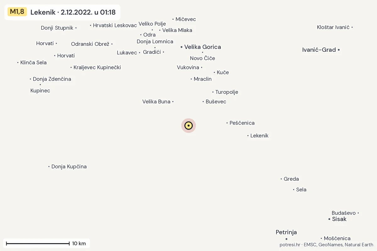 Karta: okolica epicentra, 60 km, potres M1,8, Lekenik, 2.12.2022.