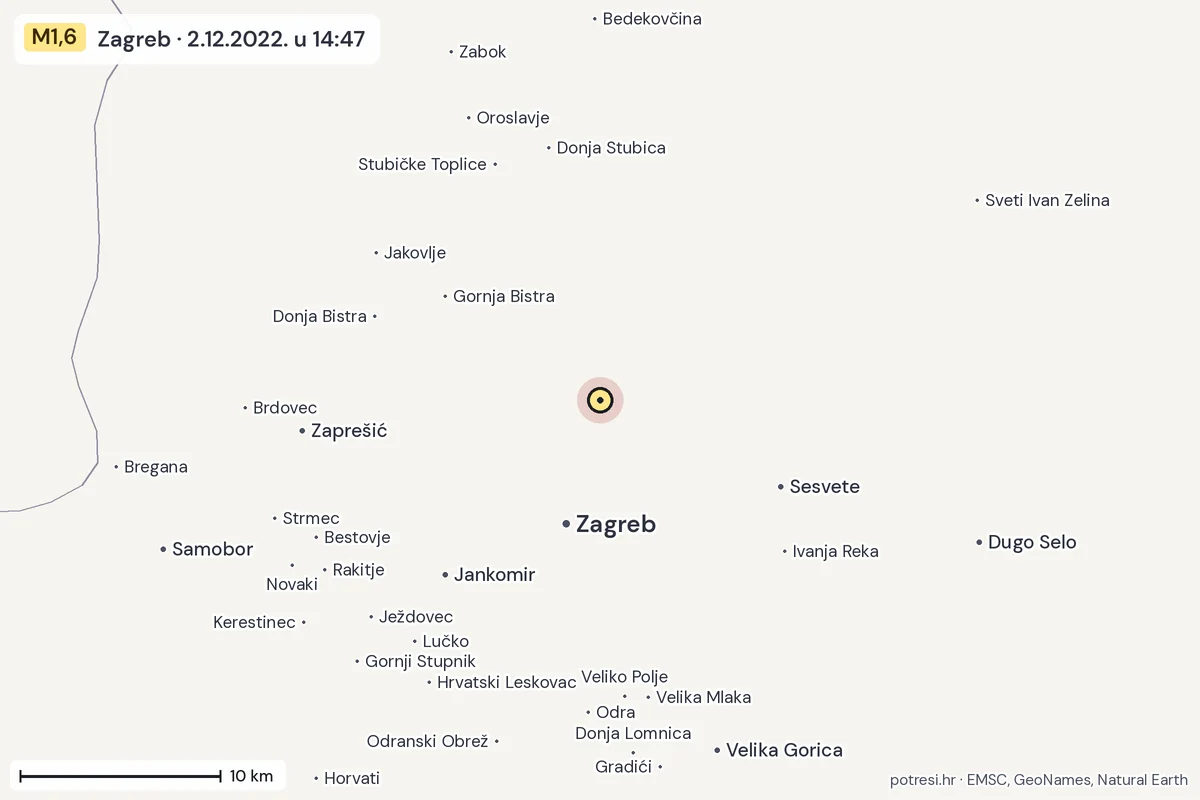 Karta: okolica epicentra, 60 km, potres M1,6, Zagreb, 2.12.2022.