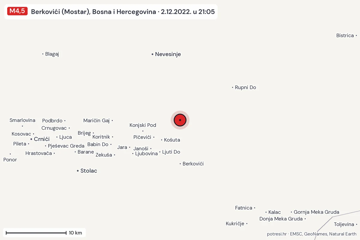 Karta: okolica epicentra, 60 km, potres M4,5, Berkovići (Mostar), Bosna i Hercegovina, 2.12.2022.