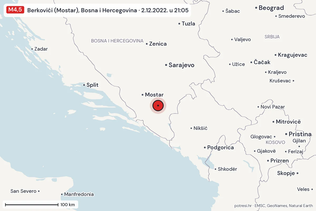 Karta: šire područje, 600 km, potres M4,5, Berkovići (Mostar), Bosna i Hercegovina, 2.12.2022.