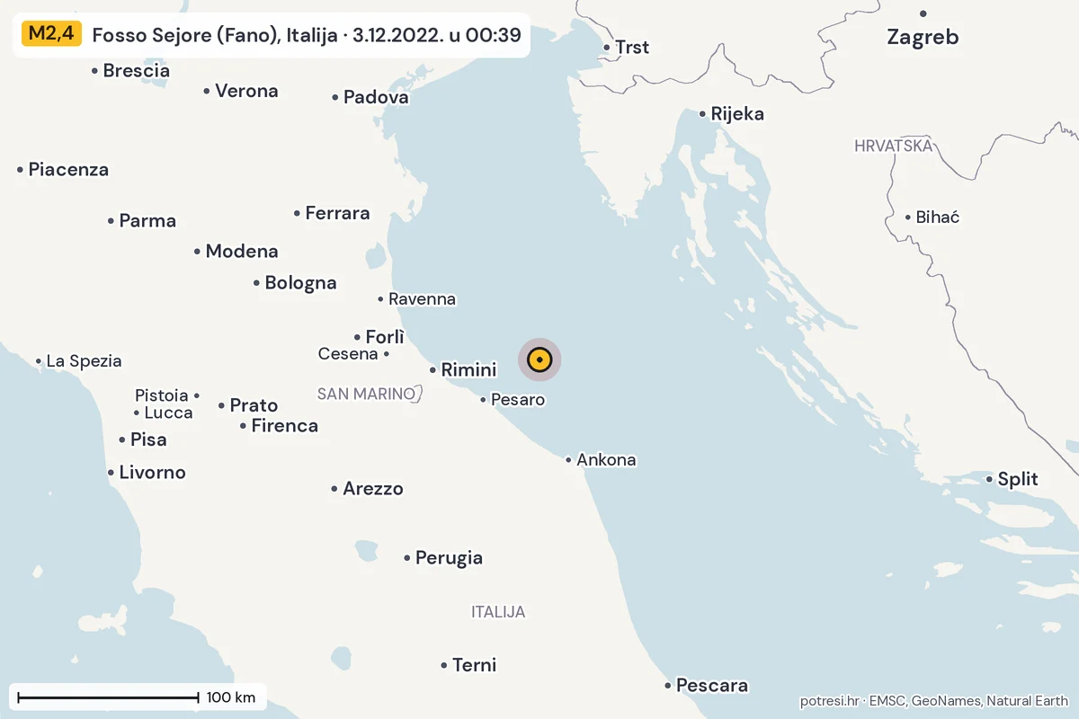 Karta: šire područje, 600 km, potres M2,4, Fosso Sejore (Fano), Italija, 3.12.2022.