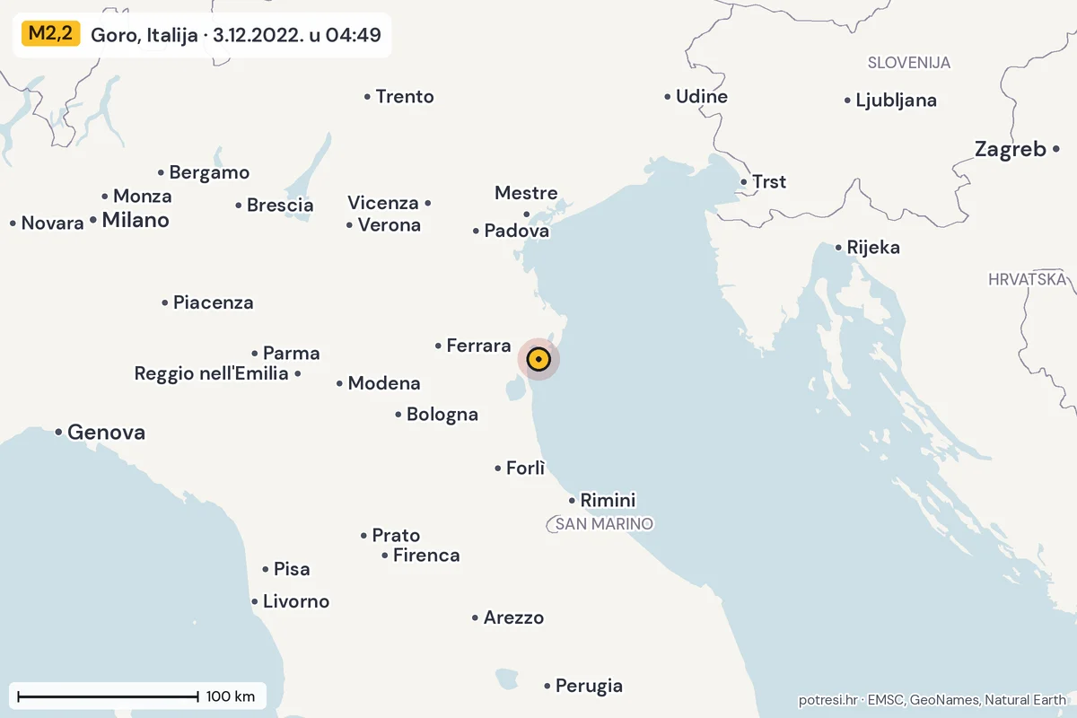 Karta: šire područje, 600 km, potres M2,2, Goro, Italija, 3.12.2022.