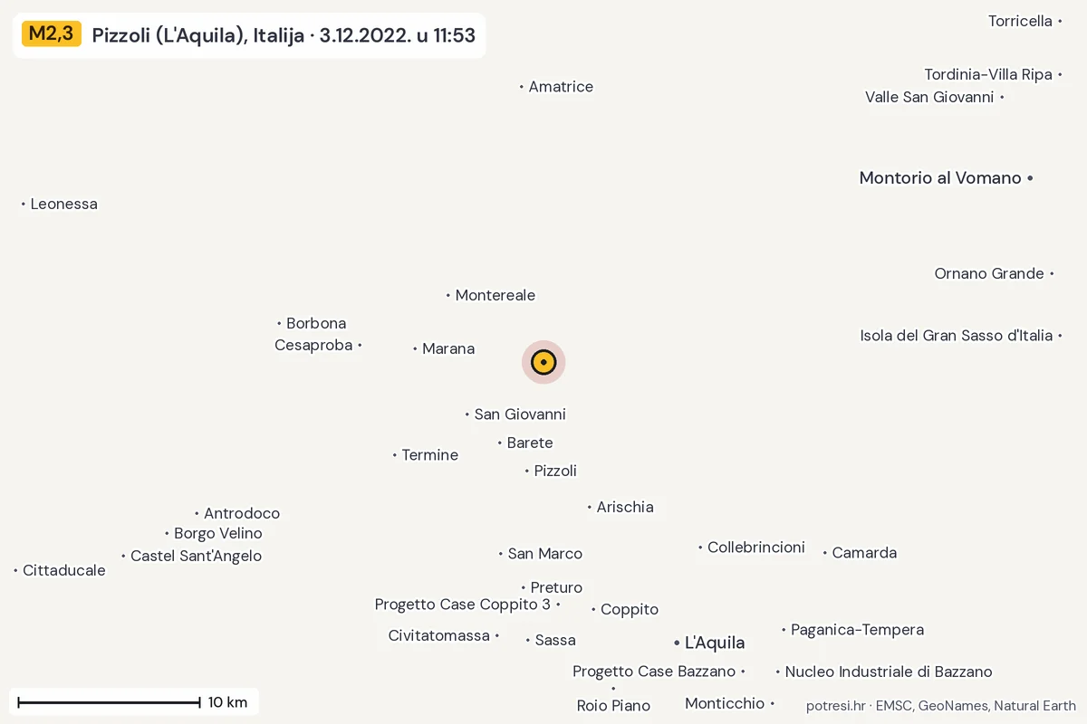 Karta: okolica epicentra, 60 km, potres M2,3, Pizzoli (L'Aquila), Italija, 3.12.2022.