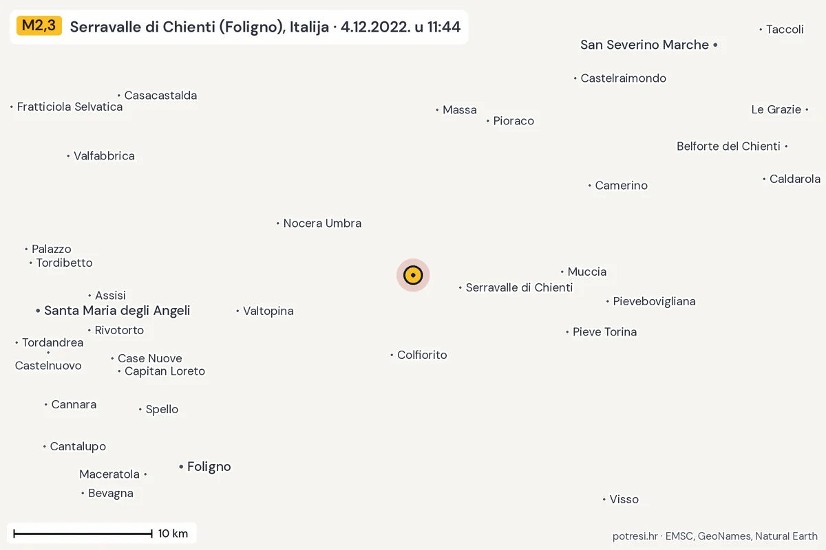 Karta: okolica epicentra, 60 km, potres M2,3, Serravalle di Chienti (Foligno), Italija, 4.12.2022.