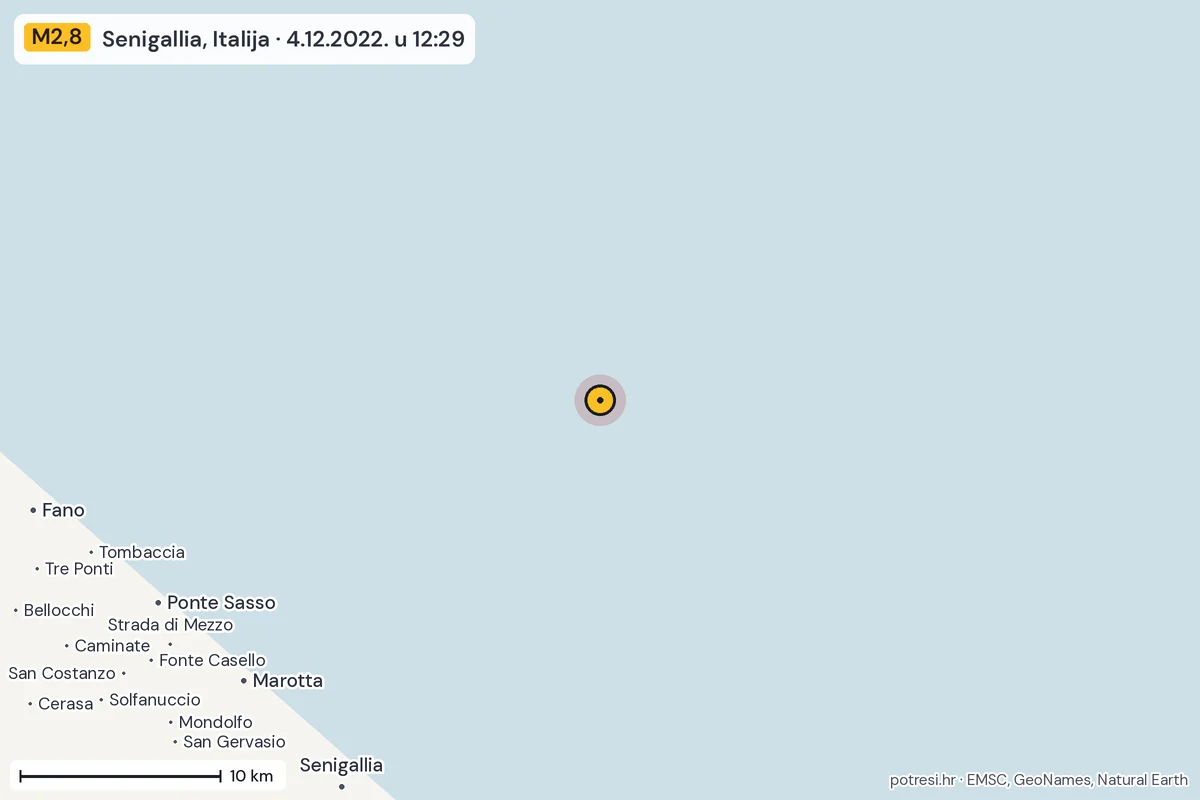 Karta: okolica epicentra, 60 km, potres M2,8, Senigallia, Italija, 4.12.2022.