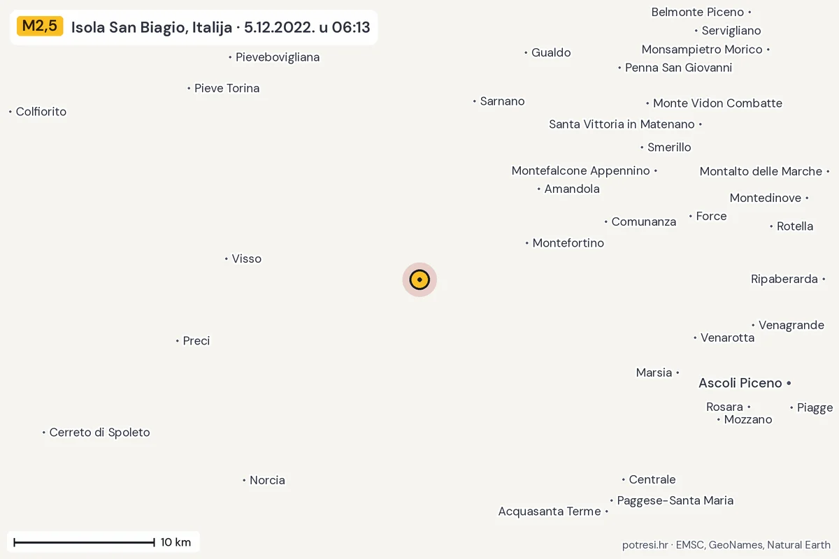 Karta: okolica epicentra, 60 km, potres M2,5, Isola San Biagio, Italija, 5.12.2022.