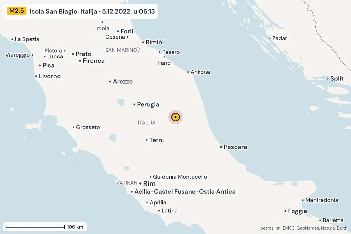Karta: šire područje, 600 km, potres M2,5, Isola San Biagio, Italija, 5.12.2022.