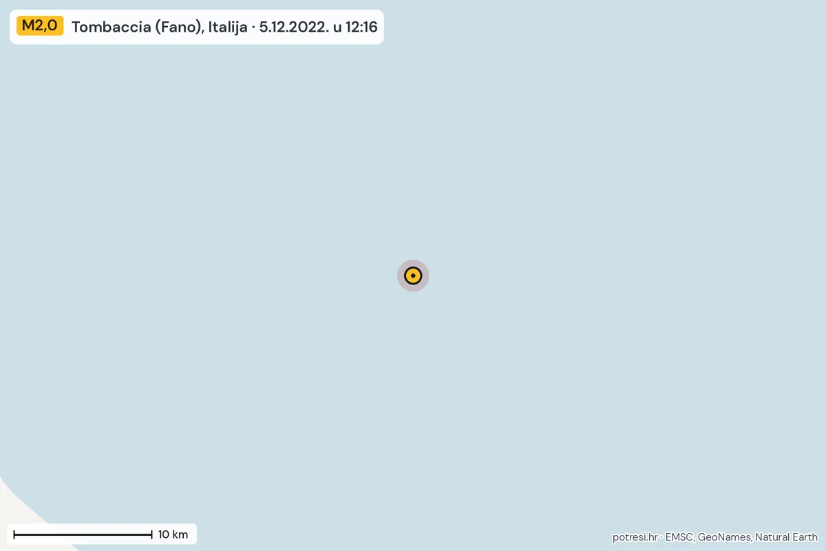 Karta: okolica epicentra, 60 km, potres M2,0, Tombaccia (Fano), Italija, 5.12.2022.