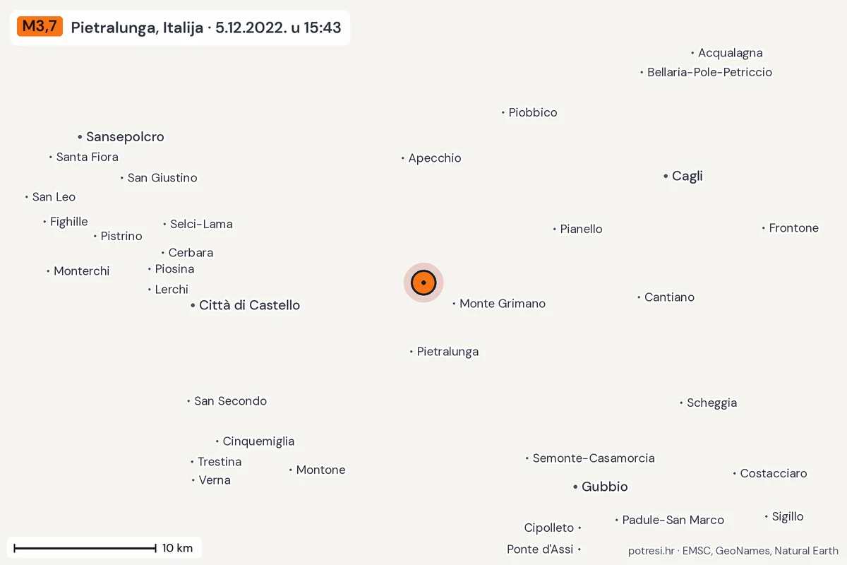 Karta: okolica epicentra, 60 km, potres M3,7, Pietralunga, Italija, 5.12.2022.