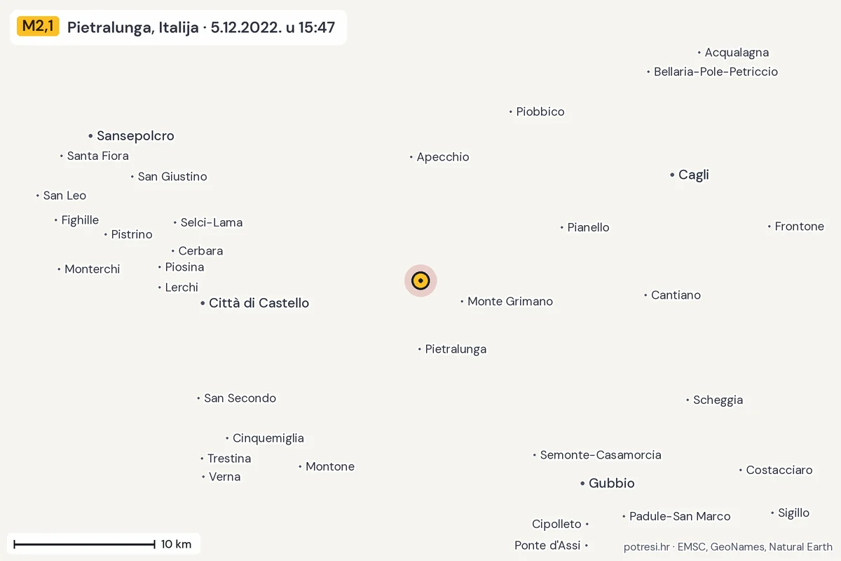 Karta: okolica epicentra, 60 km, potres M2,1, Pietralunga, Italija, 5.12.2022.