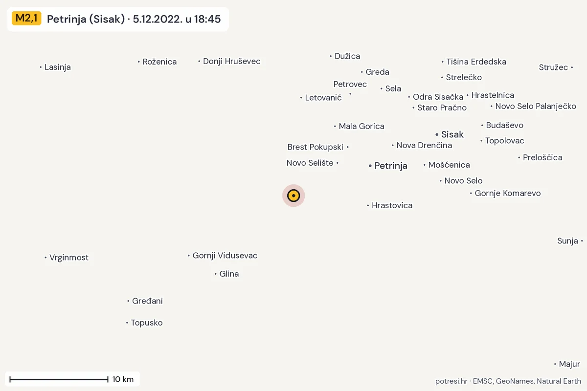 Karta: okolica epicentra, 60 km, potres M2,1, Petrinja (Sisak), 5.12.2022.