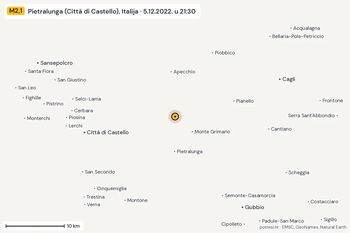 Karta: okolica epicentra, 60 km, potres M2,1, Pietralunga (Città di Castello), Italija, 5.12.2022.