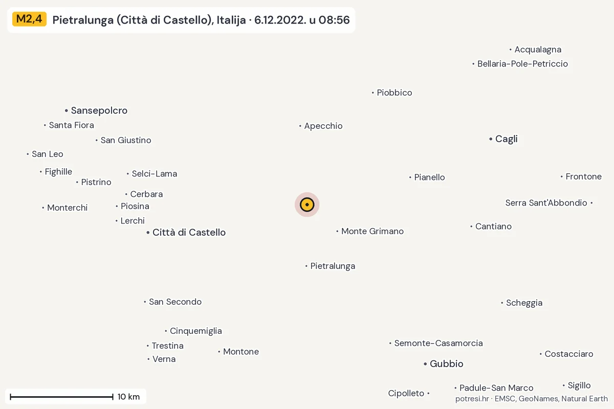 Karta: okolica epicentra, 60 km, potres M2,4, Pietralunga (Città di Castello), Italija, 6.12.2022.