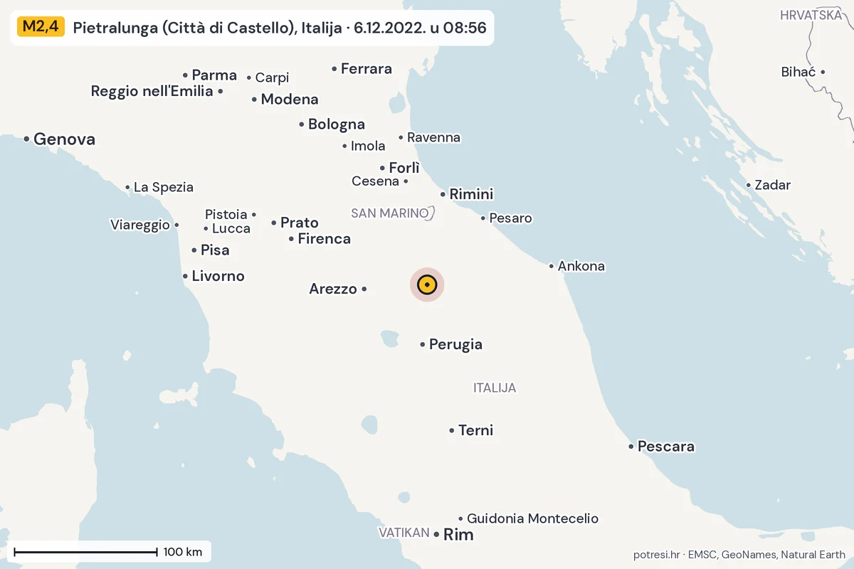 Karta: šire područje, 600 km, potres M2,4, Pietralunga (Città di Castello), Italija, 6.12.2022.