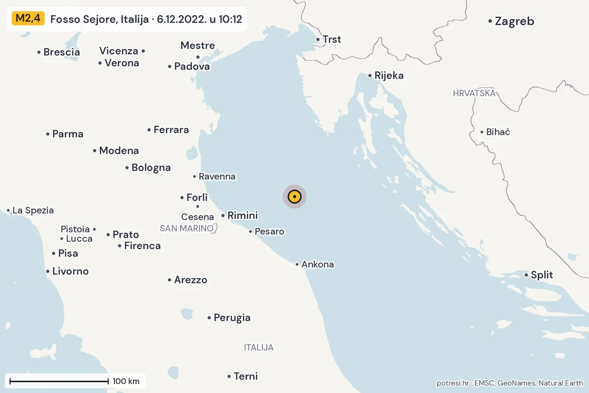 Karta: šire područje, 600 km, potres M2,4, Fosso Sejore, Italija, 6.12.2022.