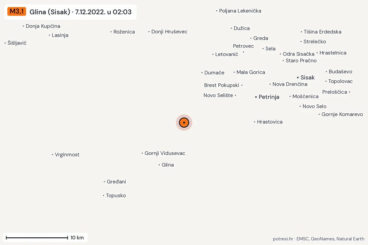 Karta: okolica epicentra, 60 km, potres M3,1, Glina (Sisak), 7.12.2022.