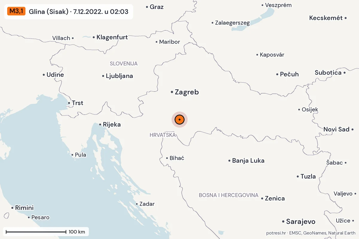 Karta: šire područje, 600 km, potres M3,1, Glina (Sisak), 7.12.2022.
