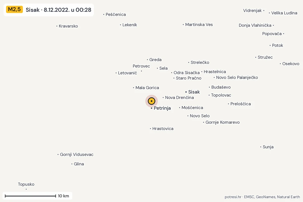 Karta: okolica epicentra, 60 km, potres M2,5, Sisak, 8.12.2022.