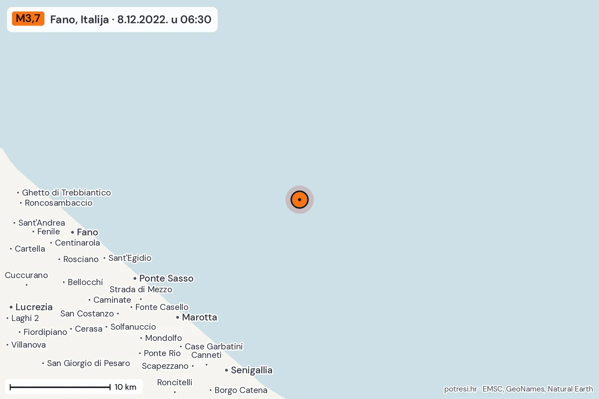 Karta: okolica epicentra, 60 km, potres M3,7, Fano, Italija, 8.12.2022.