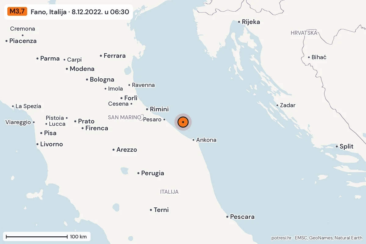 Karta: šire područje, 600 km, potres M3,7, Fano, Italija, 8.12.2022.